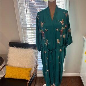 Teal Kimono with Bird and Floral Embroidery